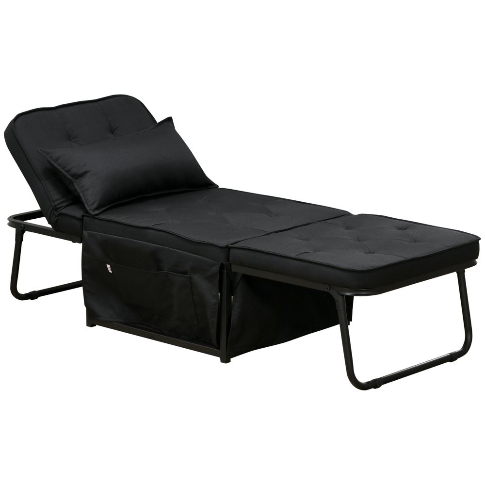 Black Folding Sleeper Chair Bed with Pillow and Side Pockets, Perfect for Guest Comfort