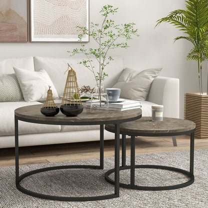 2-Piece Stacking Coffee Table Set – Steel Frame with Marble-Effect Top – Foot Pads