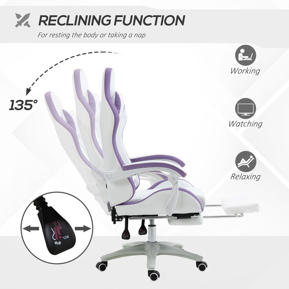 Purple Racing Style Gaming Chair with Reclining Function and Cozy Footrest