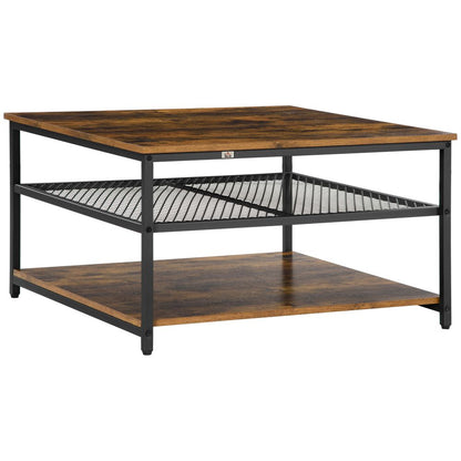 Rustic Brown Industrial Coffee Table with Storage Shelves and Cocktail Design