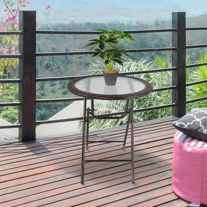 Folding Round Tempered Glass Metal Table with Brown Rattan Edging