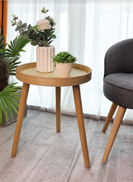 Cane Oak Round Side Table, Classic and Elegant