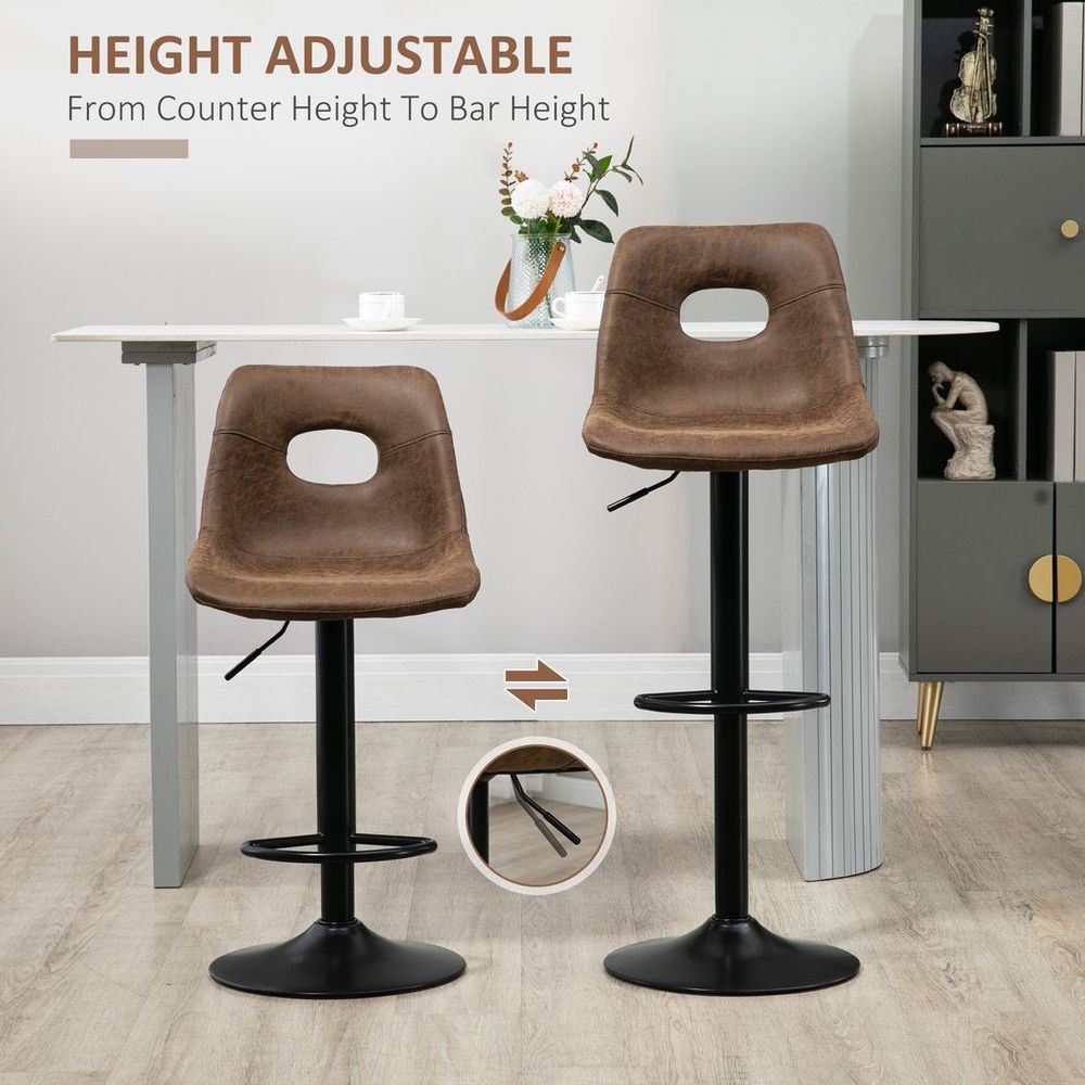 Set of 2 Adjustable Height Brown Retro Bar Stools with Swivel Leather-Like Seats