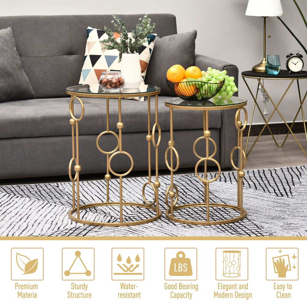 Set of 2 Gold Nesting Coffee Tables with Tempered Glass Tops