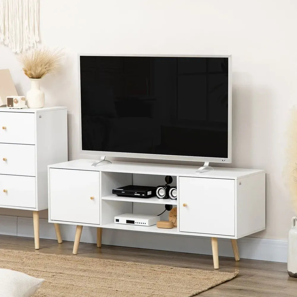 White TV Stand Cabinet with Wood Legs and Cable Management for Living Room Style