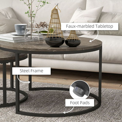 2-Piece Stacking Coffee Table Set – Steel Frame with Marble-Effect Top – Foot Pads