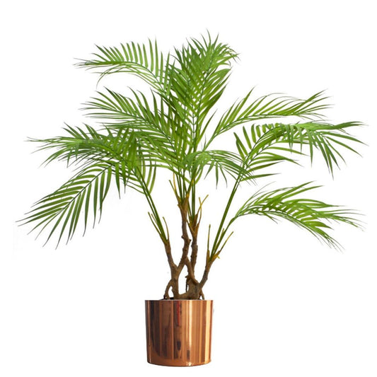 90cm Artificial Areca Palm with Twisted Trunk in Copper Metal Planter - Realistic Look