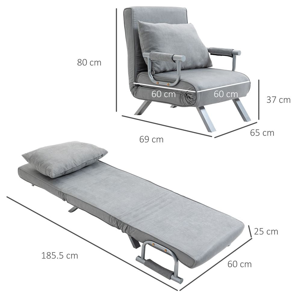 Foldable Portable Sofa Bed Armchair with Pillow, Light Grey Lounge Sleeper