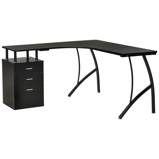 Black L-Shaped Corner PC Desk Table with Drawer for Home Office Workstation Use