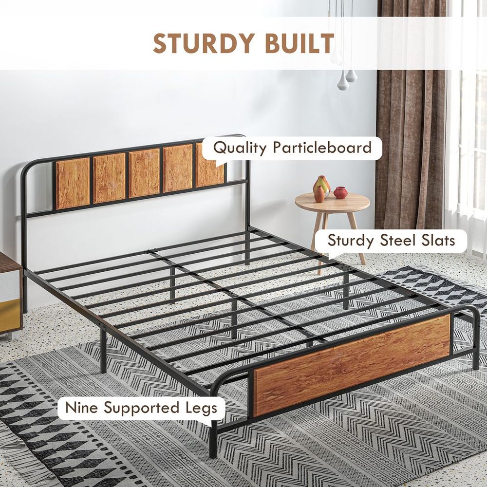 King Size Steel Bed Frame with Headboard, 160 x 207 cm in Elegant Brown