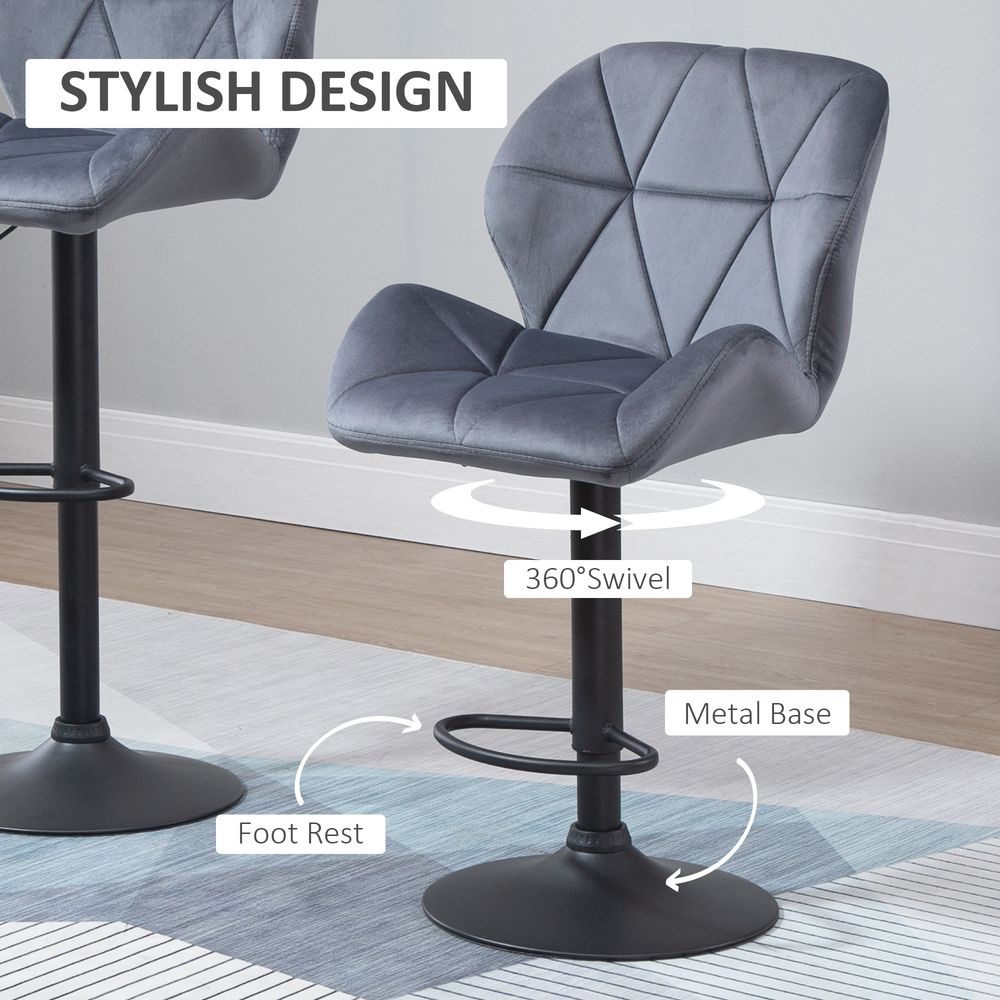 Set of 2 Fabric Bar Stools with Adjustable Height for Counter, Dark Grey