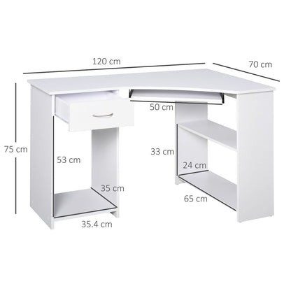 White L-Shaped Corner Computer Desk with 2 Shelves and Keyboard Tray for Storage