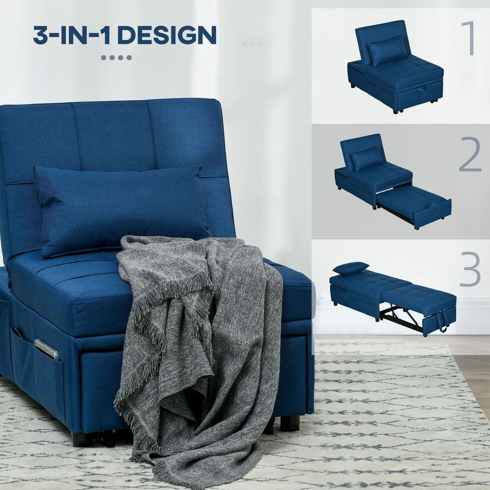 Adjustable Folding Sofa Bed with Pillow and Side Pocket, Blue