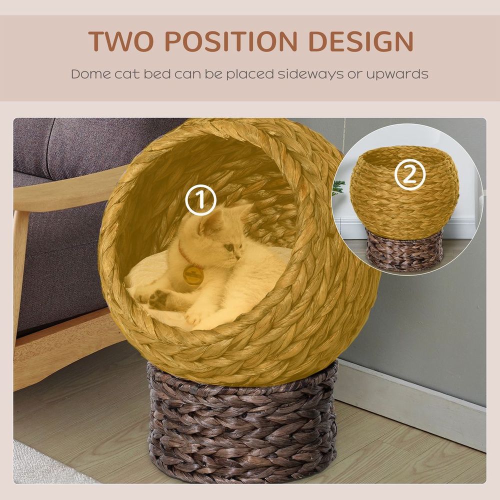 Brown Raised Wicker Cat House with Cylindrical Base, Dimensions 42x33x52cm