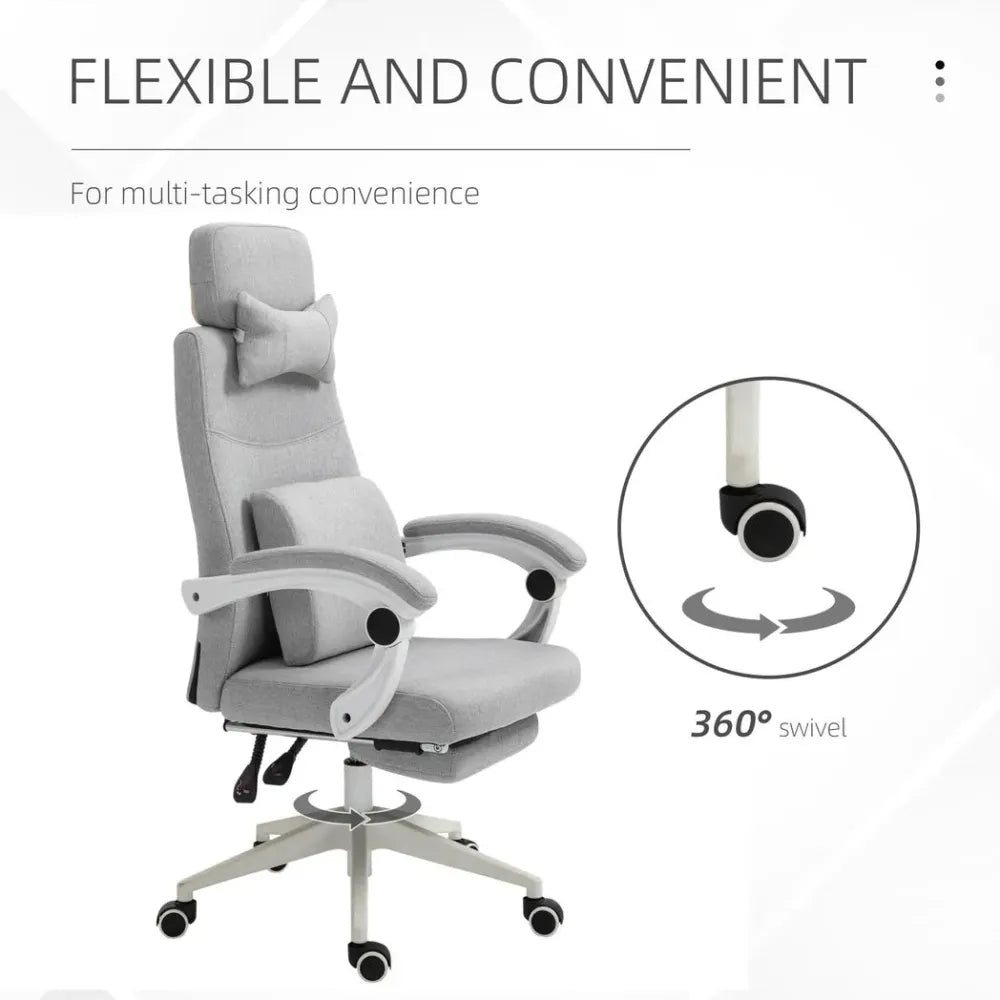 Grey Ergonomic Home Office Chair with 360-Degree Swivel and Adjustable Footrest for Comfort