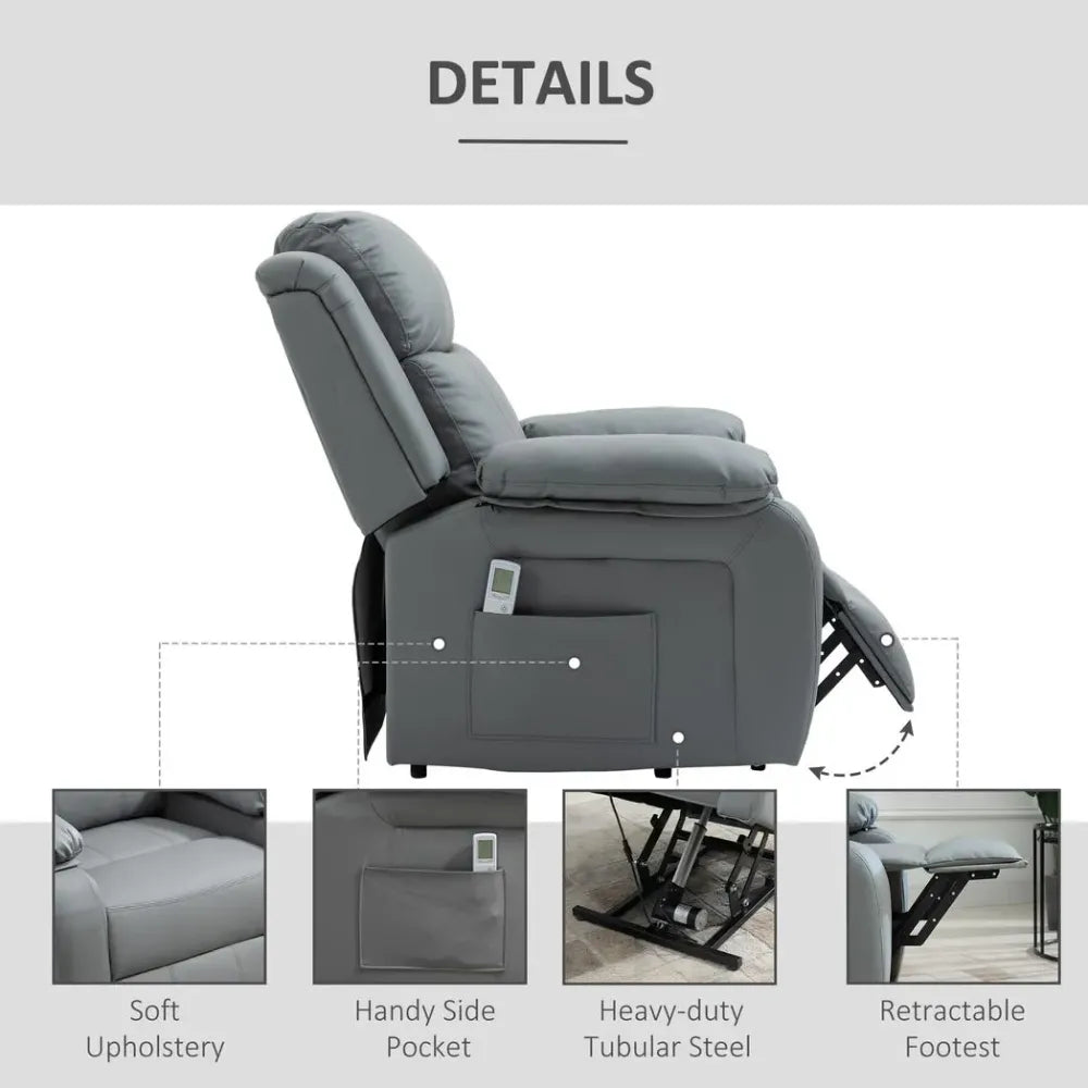 Grey Electric Power Lift Recliner Chair with Massage Vibration and Convenient Side Pocket