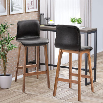 2 Faux Leather Bar Stools - 93cm, Wooden Frame, Footrest, High Back, Brown