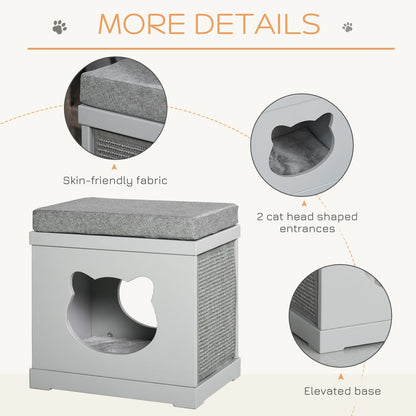Grey Cat House Bed with Soft Cushion and Sisal Scratching Pad, Ideal for Kittens and Cats