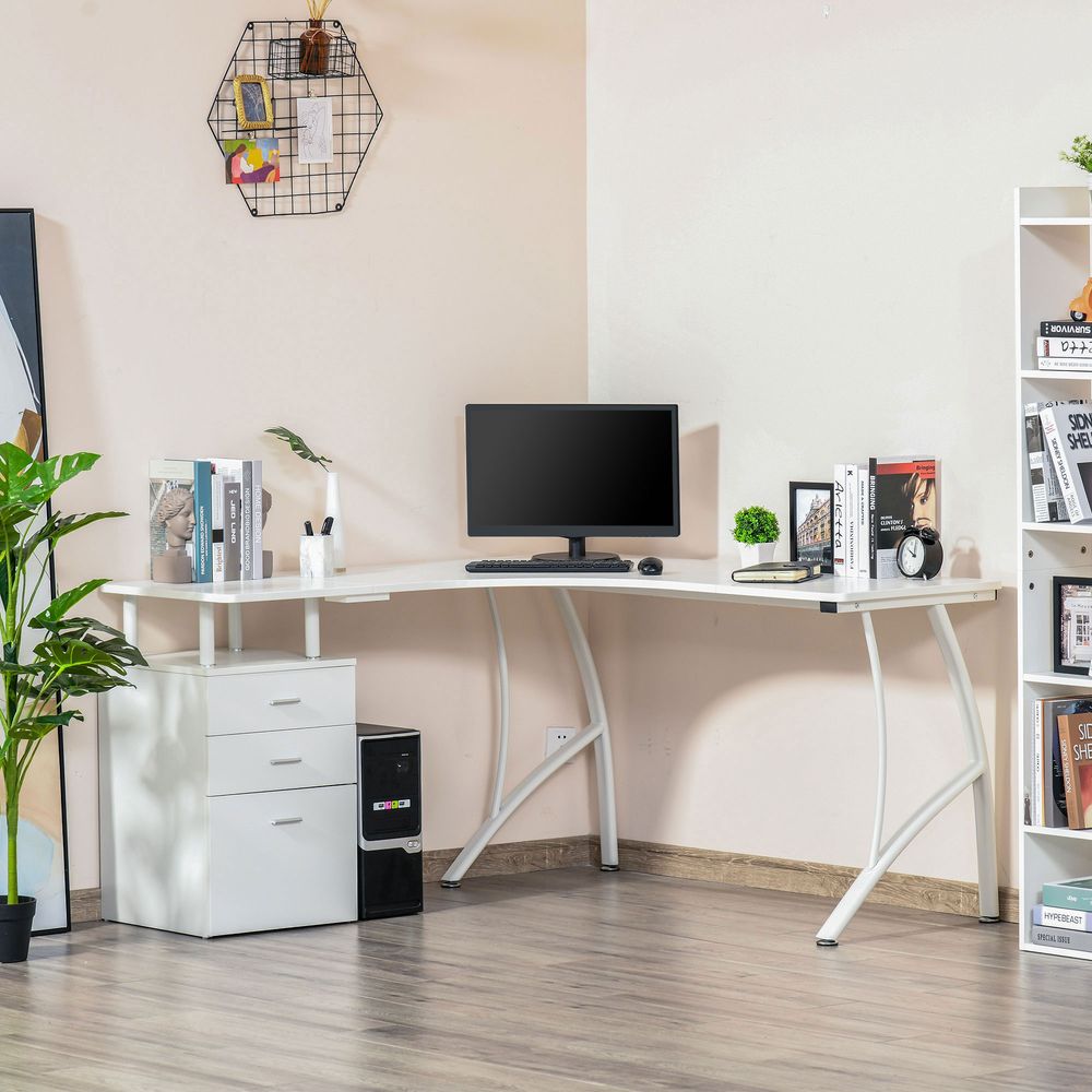 White L-Shaped Corner PC Desk with Drawer for Home Office Workstation Efficiency