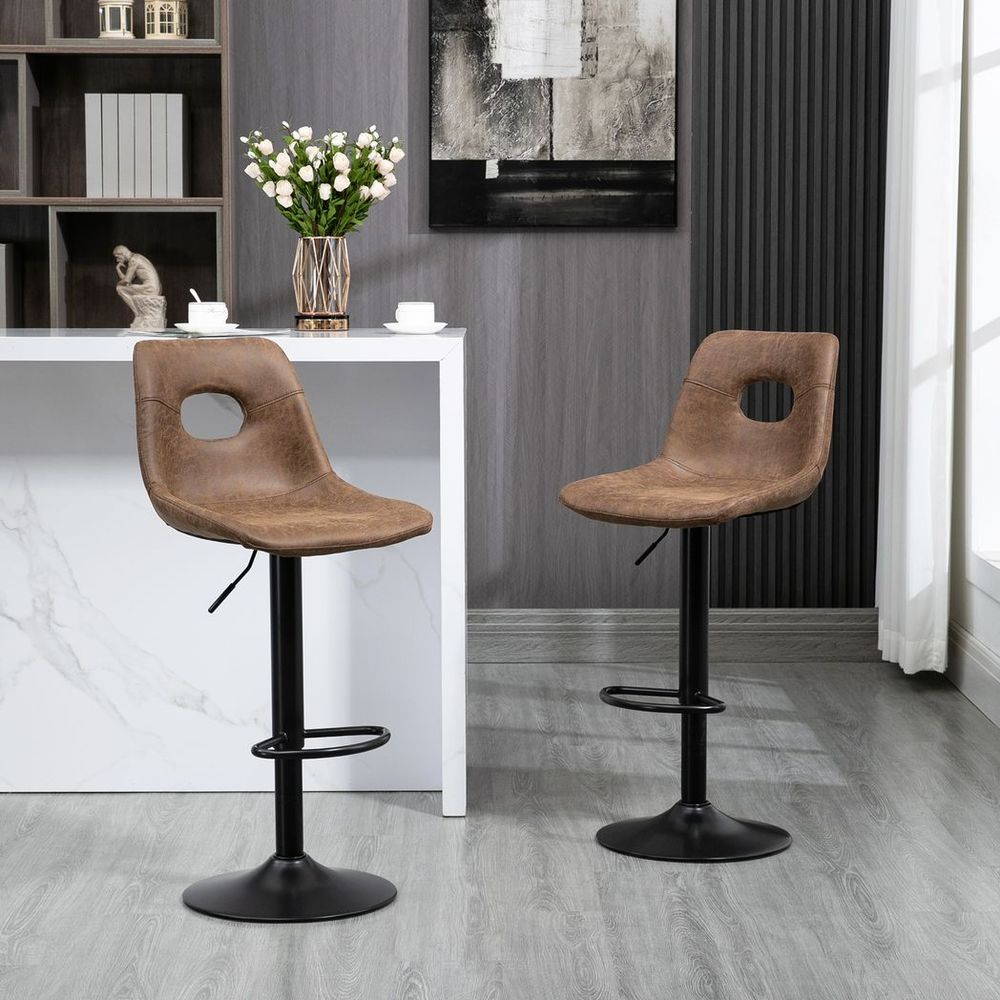 Set of 2 Adjustable Height Brown Retro Bar Stools with Swivel Leather-Like Seats