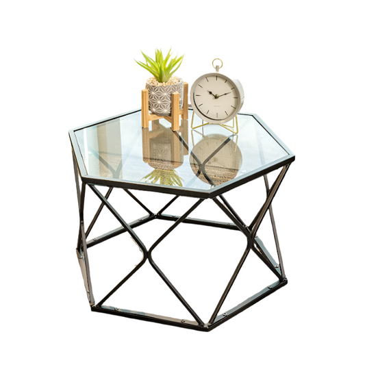 Large Hexagon Tempered Glass Black Coffee Side Table