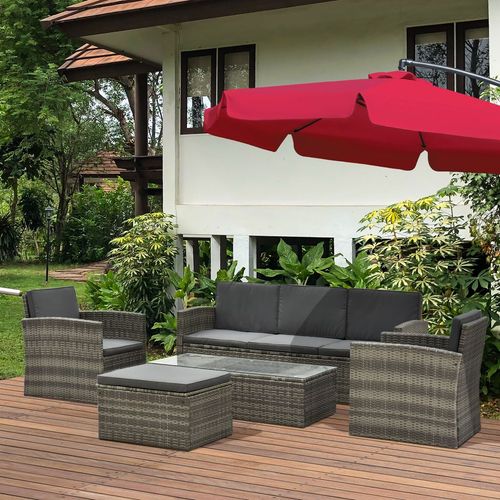 5-Piece Rattan Sofa Set with Cushions & Glass Coffee Table