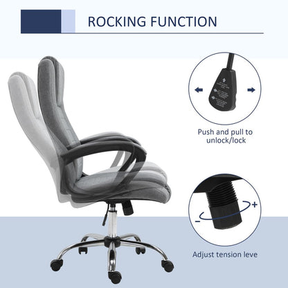 Grey Linen Office Chair with 360° Swivel, High Back and Wide Adjustable Seat