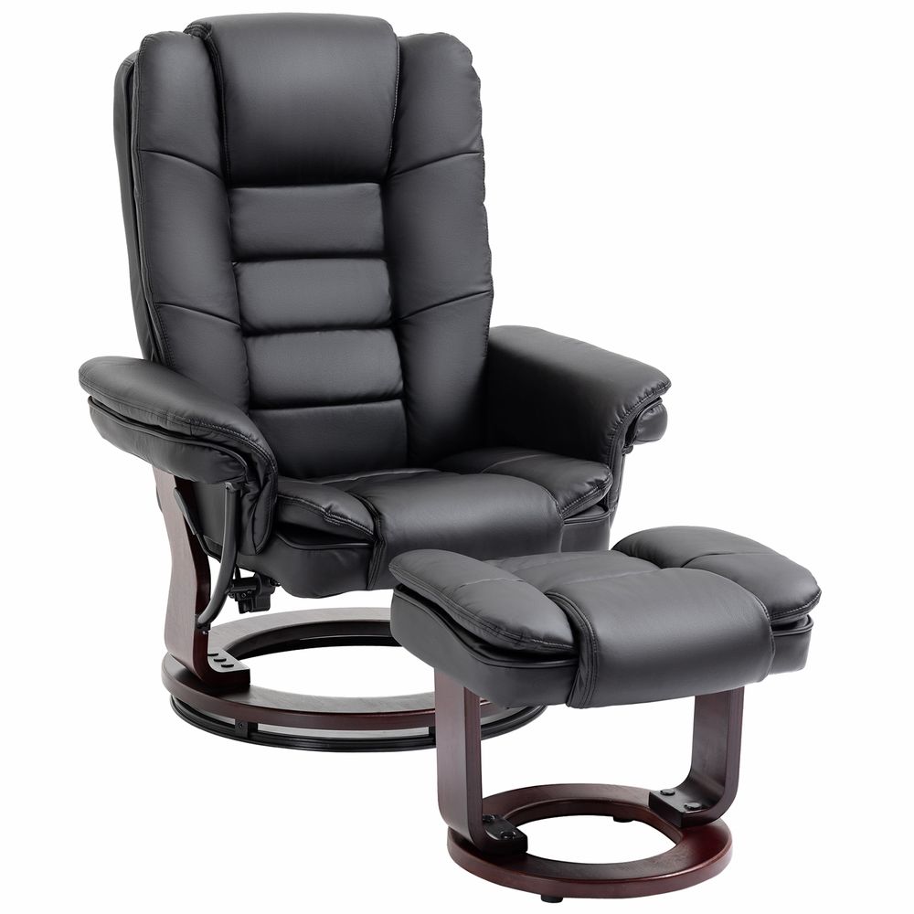 Black PU Lounge Chair Set with Manual Recliner and Footrest on Wooden Base