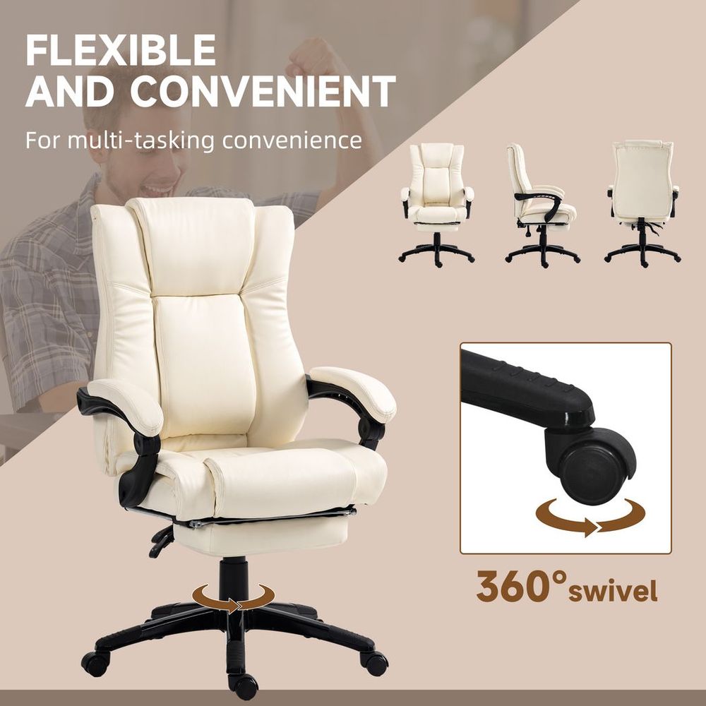 Cream High Back Executive Home Office Chair with Recliner Feature and Foot Rest for Comfort