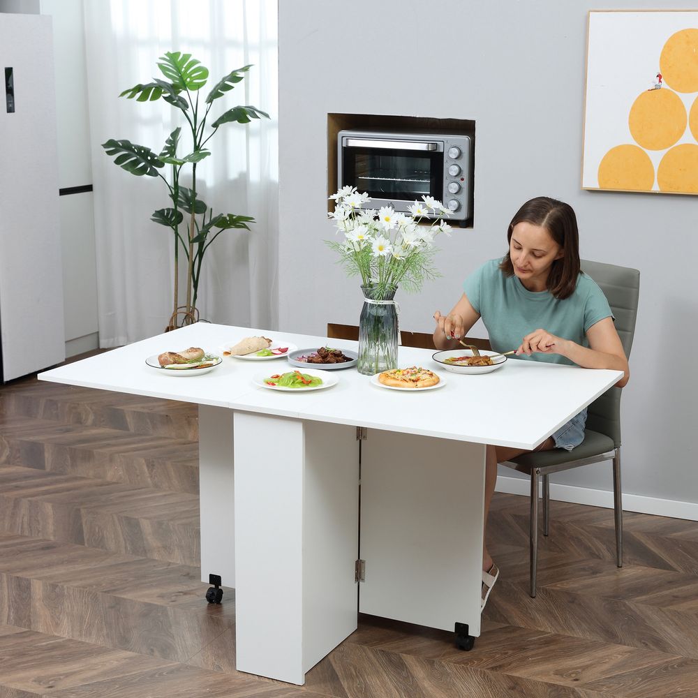 Kitchen Folding Desk - Mobile Drop Leaf Dining Table with Wheels and Storage Shelves