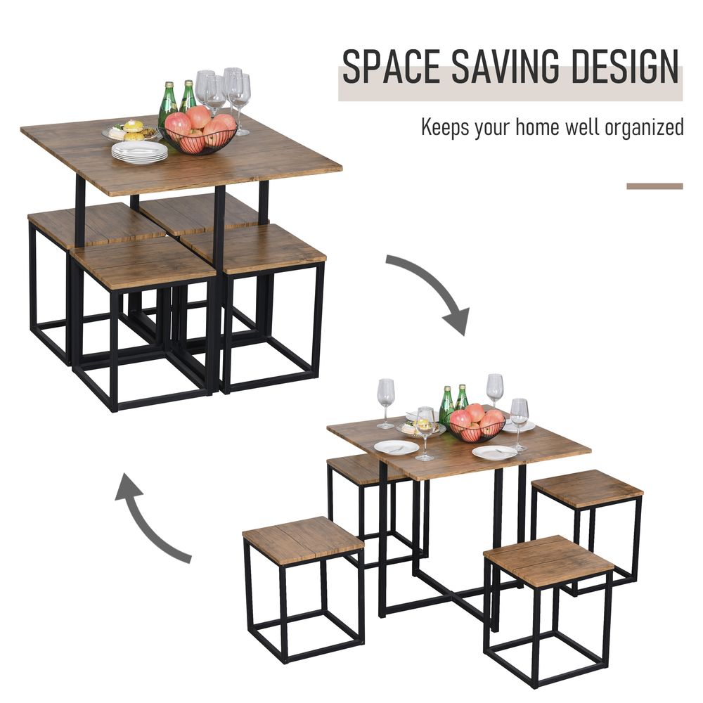 5-Piece Dining Set with MDF Topped Steel Table and 4 Stools in Black and Brown