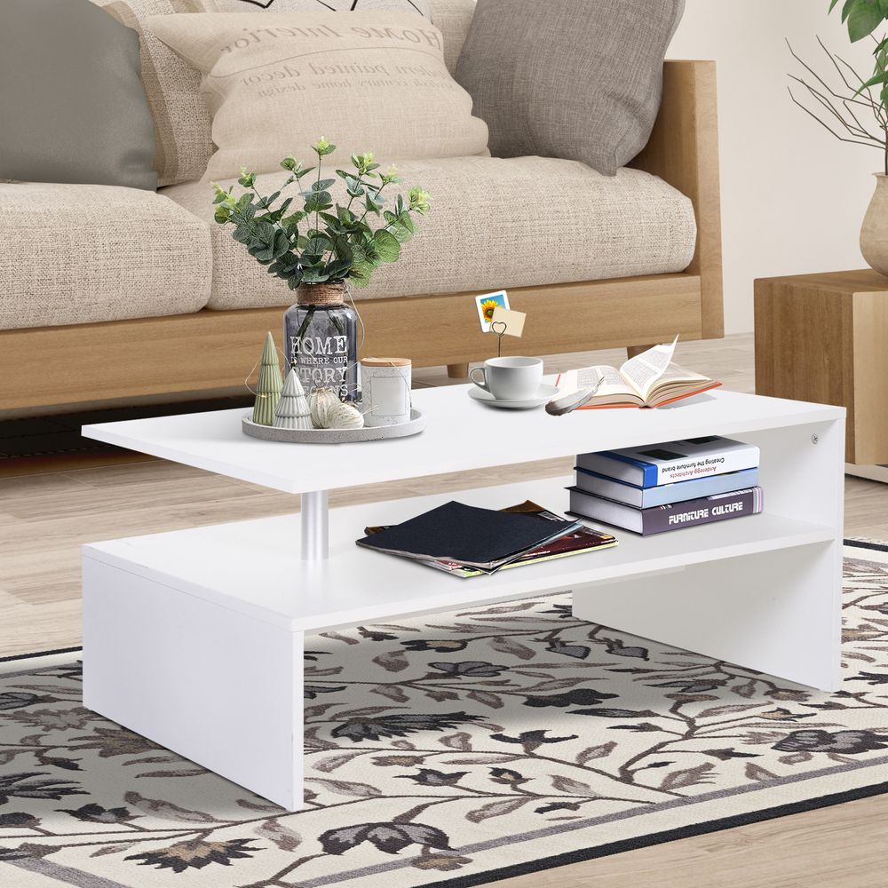 2-Tier White Coffee Table: Modern Rectangular Side & End Table