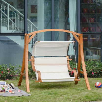 Garden Oasis: Rustic Wooden A-Frame Loveseat Swing Chair with Canopy