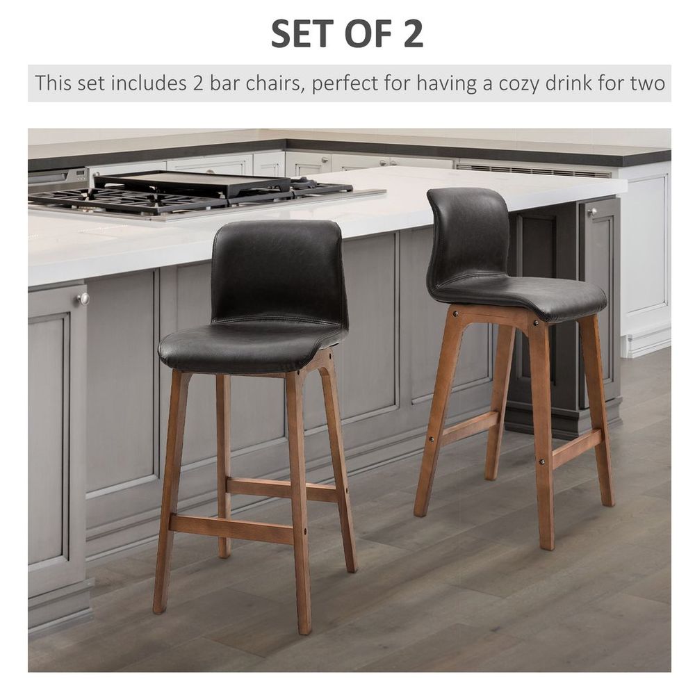 2 Faux Leather Bar Stools - 93cm, Wooden Frame, Footrest, High Back, Brown