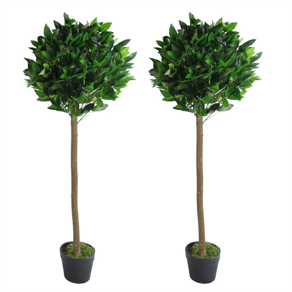 Pair of 120cm Artificial Topiary Bay Laurel Ball Trees with Plain Stem Design