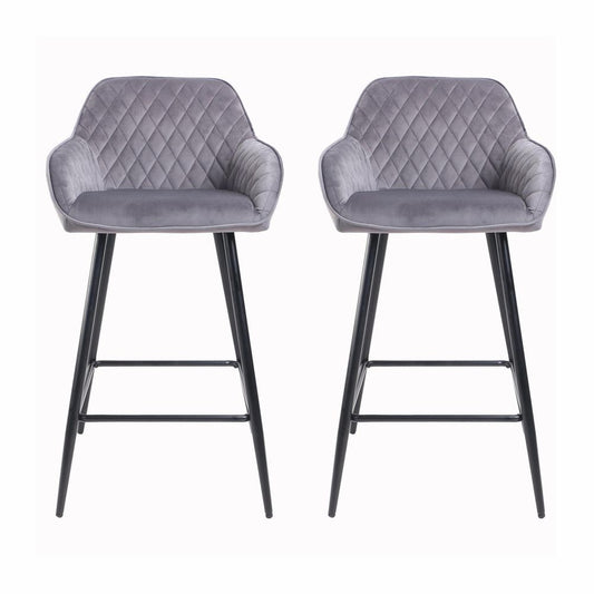Set of Two Cadiz Dark Grey Crushed Velvet Bar Stools with Black Metal Leg
