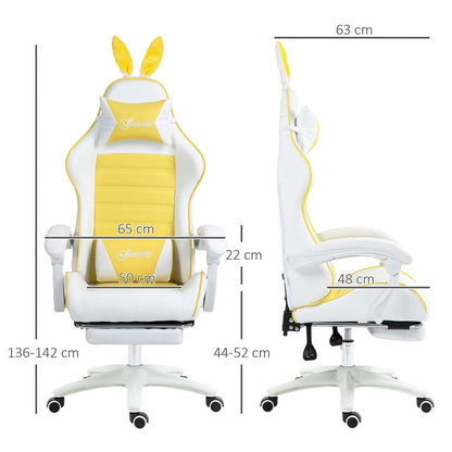 Yellow Racing Style Gaming Chair with Footrest and Removable Rabbit Ears Design