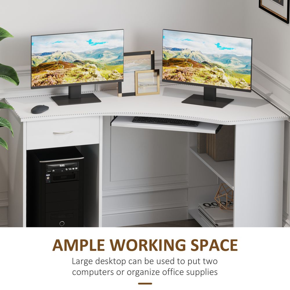 White L-Shaped Corner Computer Desk with 2 Shelves and Keyboard Tray for Storage