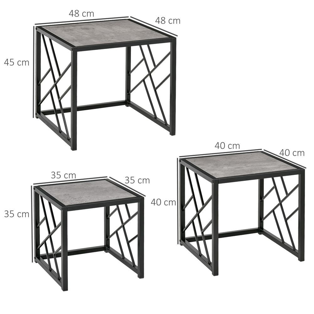 Set of 3 Nesting Coffee Tables with Square Design and Metal Frame, Grey