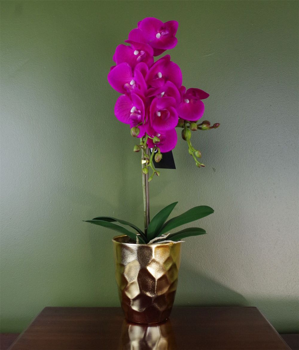 54cm Artificial Orchid Plant in Dark Pink with Elegant Gold Pot for Luxe Home Interiors