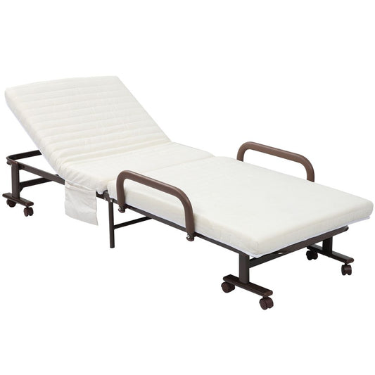 Brown Folding Bed with Mattress and Wheels, Adjustable Backrest for Comfortable Guest Sleep