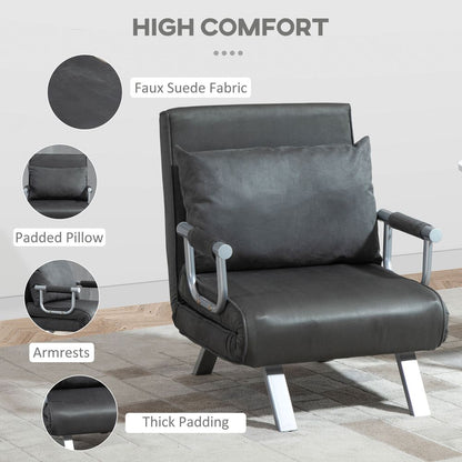 Foldable Portable Sofa Bed Armchair with Pillow, Dark Grey Lounge Sleeper