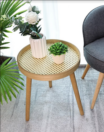 Cane Oak Round Side Table, Classic and Elegant