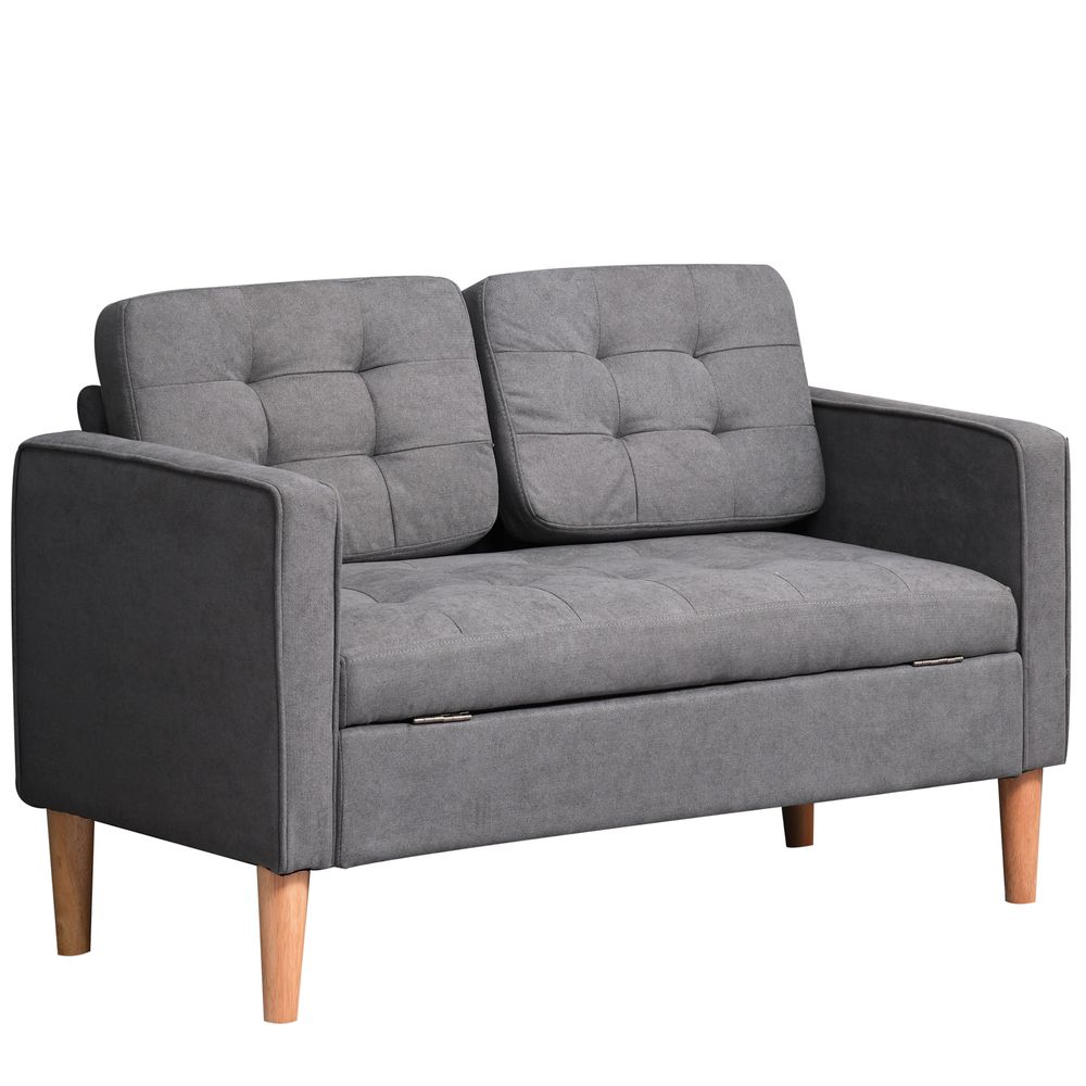 Compact Grey Loveseat Sofa: 2-Seater with Storage & Wooden Legs