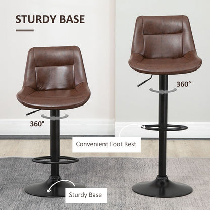 Set of 2 Brown PU Leather Kitchen Stools with 360-Degree Swivel Feature