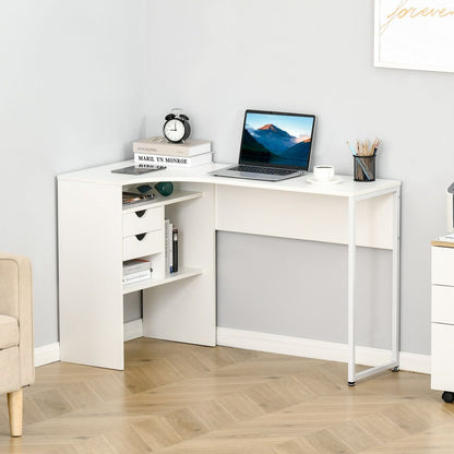 White L-Shaped Corner Computer Desk with Storage Shelf for Study or Home Office