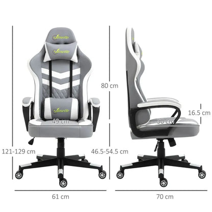 Grey and White Gaming Chair with Lumbar Support and Headrest for Extra Comfort